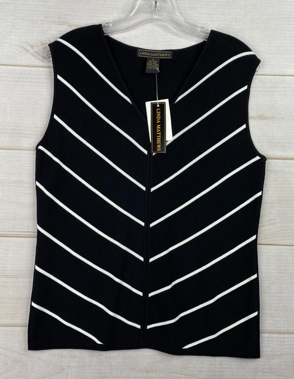 Linda Matthews Tank Top Womens XL Black Striped Ribbed Knit Vtg 90s Y2K NWT